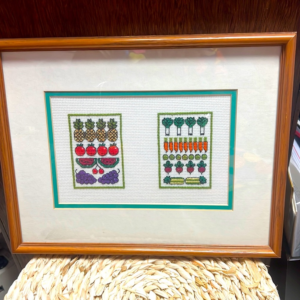 Kitchen Food Art Needlepoint Framed Wall Hanging Kitchen Fruit Vegetable Decor